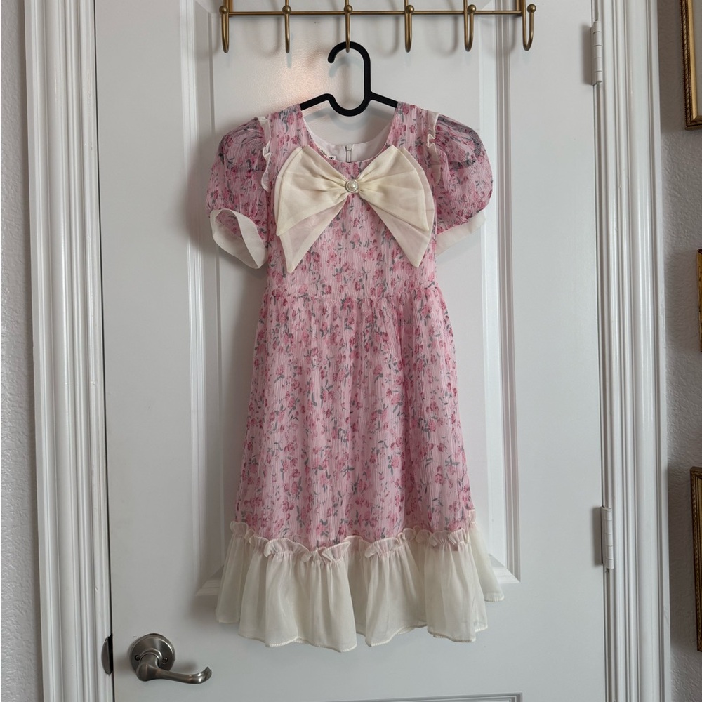 Kids Korean Floral Pink and Cream Dress